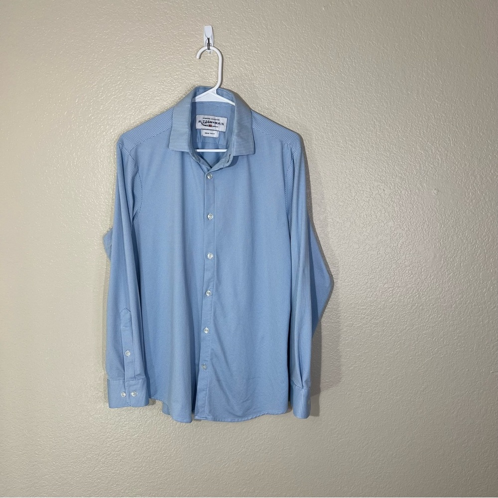 Mizzen and Main Blue Micro Check Spinnaker Long Sleeve Button Shirt Trim M